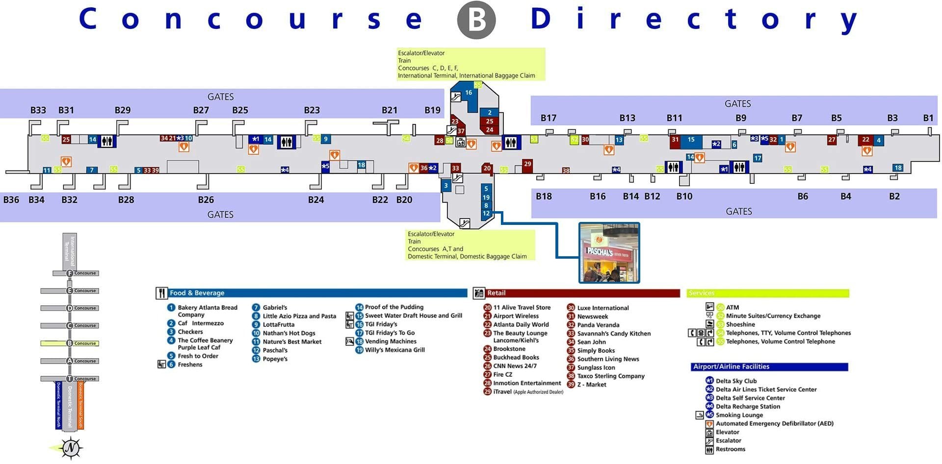 Concourse B directory map showing the Paschal's airport unit location at Hartsfield-Jackson International Airport